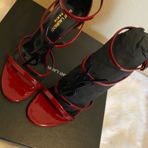 YSL hot red Cassandra sandals.